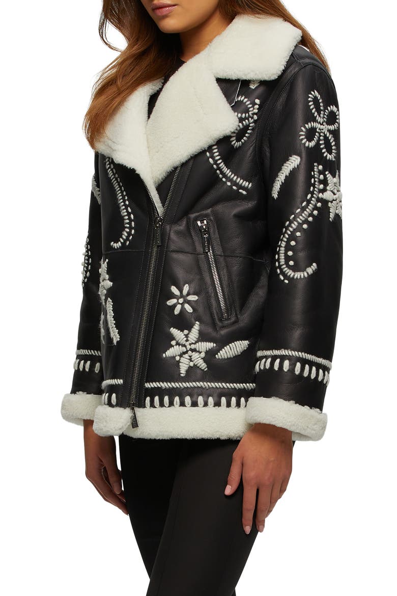 Genuine Shearling Jacket With Embroidery, Alternate, color, BLACK/WHITE