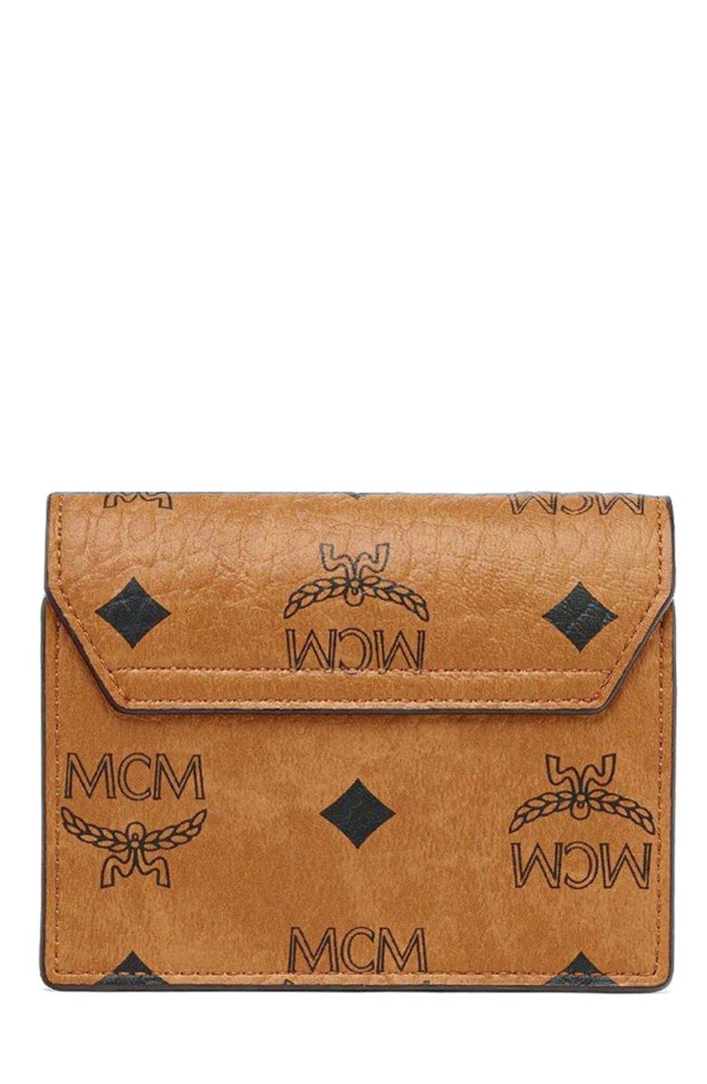 MCM Tracy Chain Card Wallet in Visetos, Alternate, color, Cognac