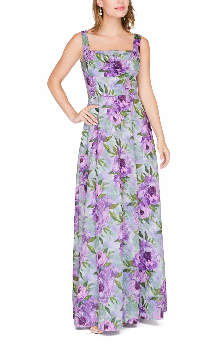 JS Collections Jordanna Floral A-Line Gown, Alternate, color, Lilac Green