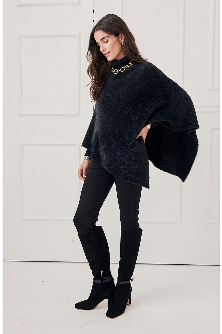 Livia Asymmetric Metallic Eyelash Knit Poncho, Alternate, color, BLACK