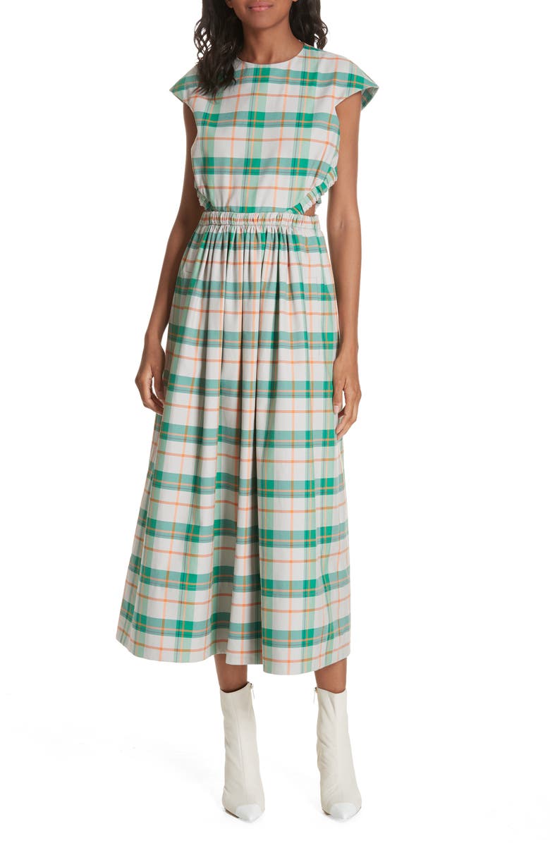 Tibi Hani Plaid Cutout Midi Dress, Main, color, 