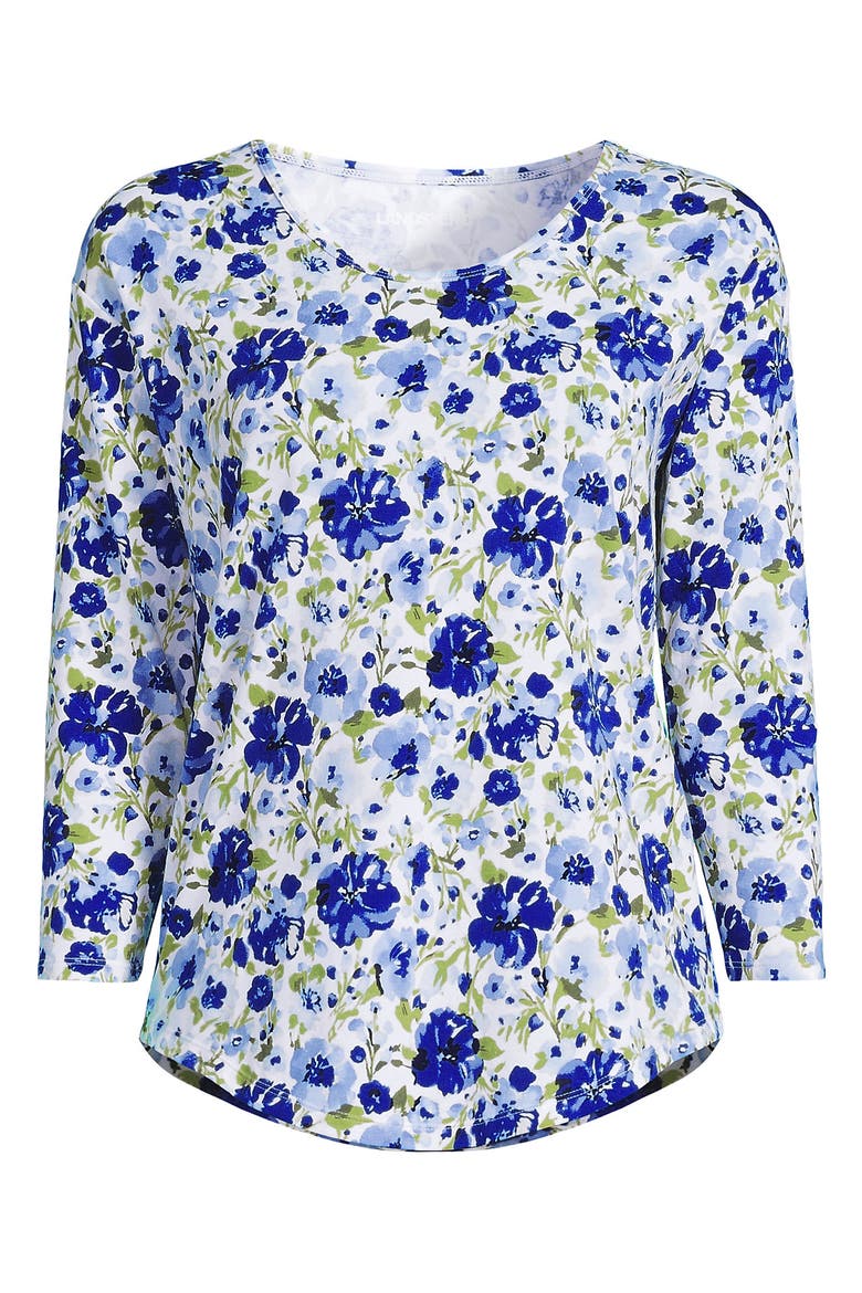 3/4 Sleeve Lightweight Jersey U-Neck Tunic, Alternate, color, Clear Blue Painted Blooms