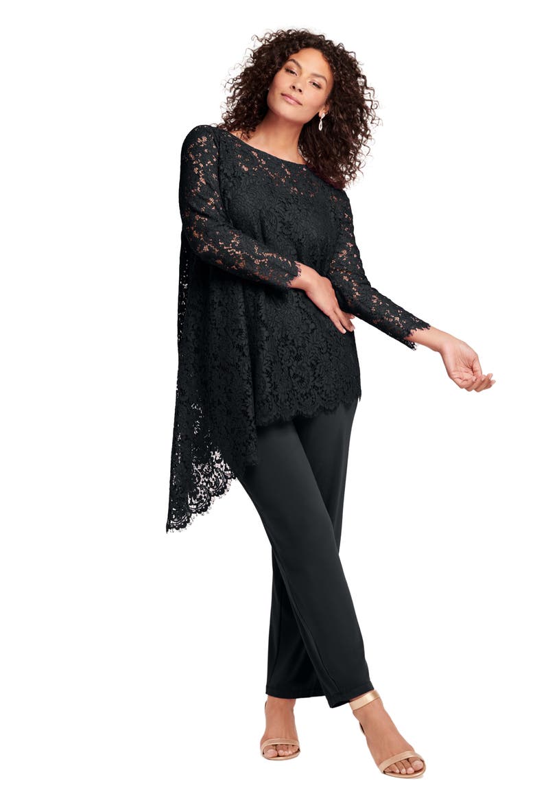 Extended Plus Size Asymmetrical Lace Pant Set  Long Sleeve Lace Scalloped Tunic & Elastic Waist Pants, Main, color, BLACK