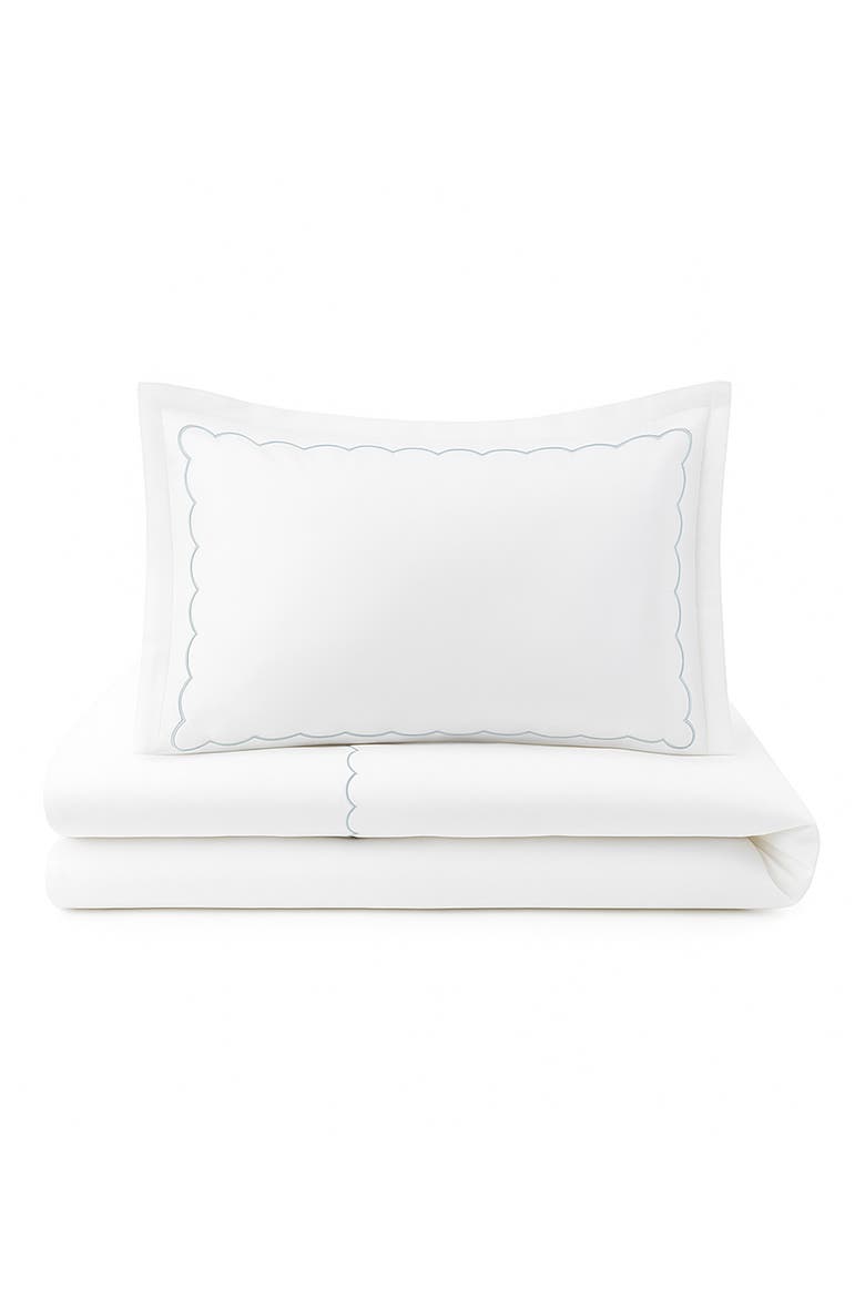 Scallop Hotel Duvet Cover, Sheet & Shams Set, Main, color, WHITE/ BLUE