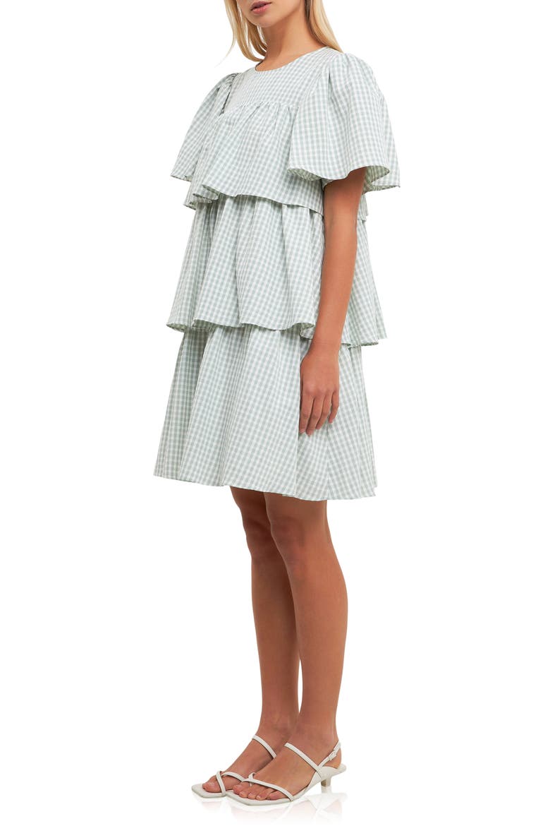 Gingham Print Tiered Dress, Alternate, color, GREEN/ WHITE