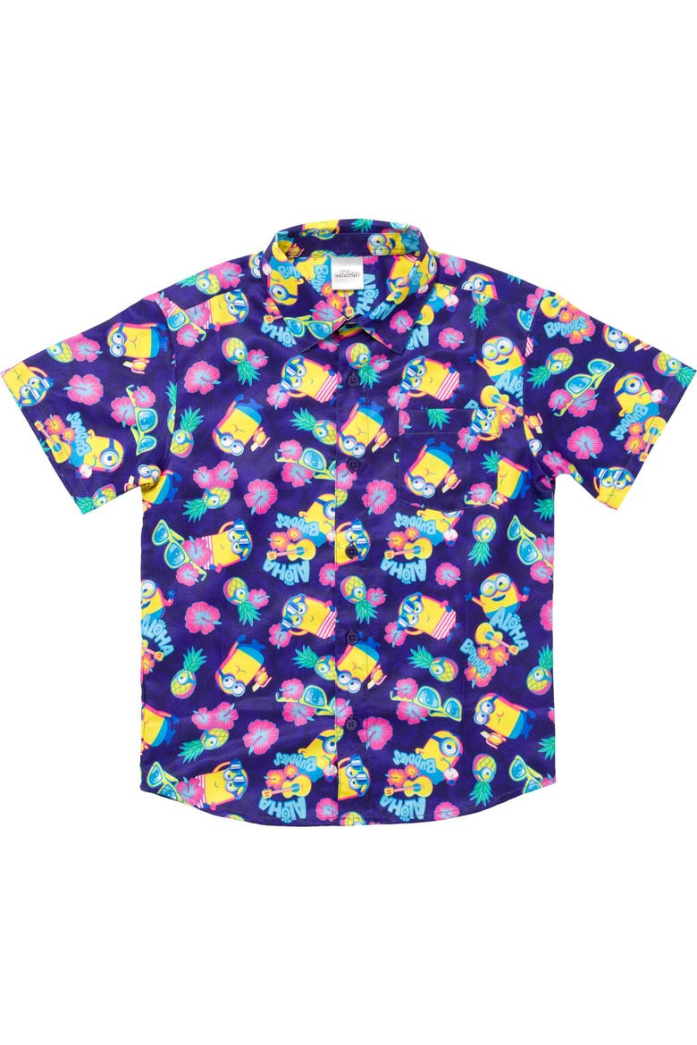 Minions Hawaiian Short Sleeve Button Down Shirt, Main, color, Navy Tropical Leaf