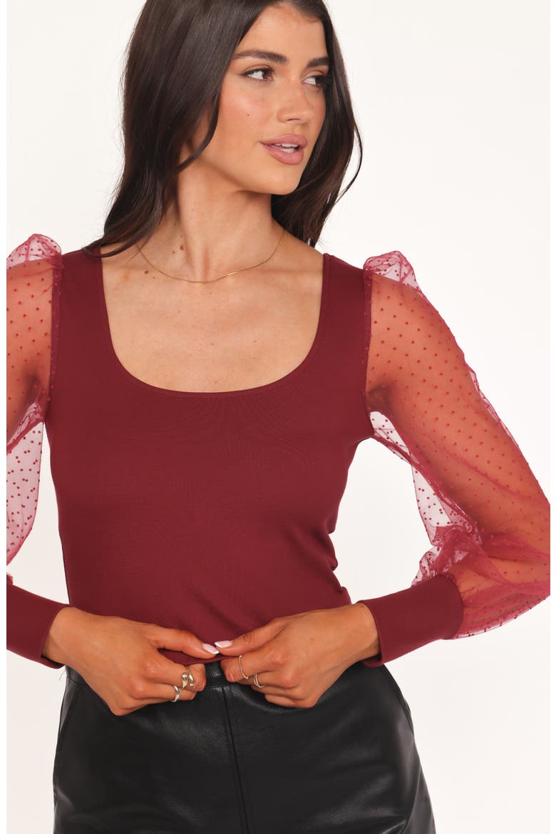 Wesson Sheer Dot Sleeve Crop Top, Alternate, color, MERLOT