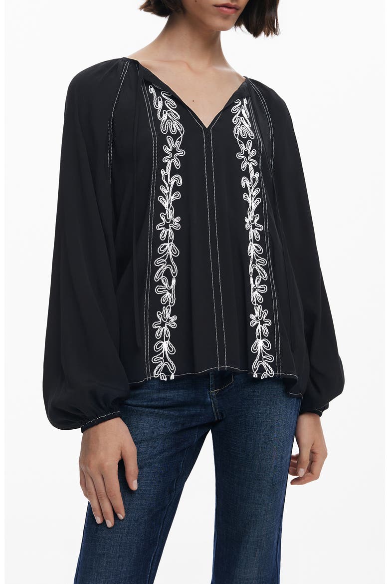 Embroidered Tie Neck Top, Main, color, BLACK