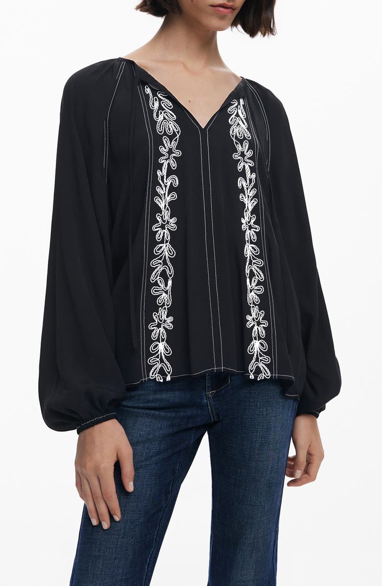 Desigual Embroidered Tie Neck Top, Main, color, Black