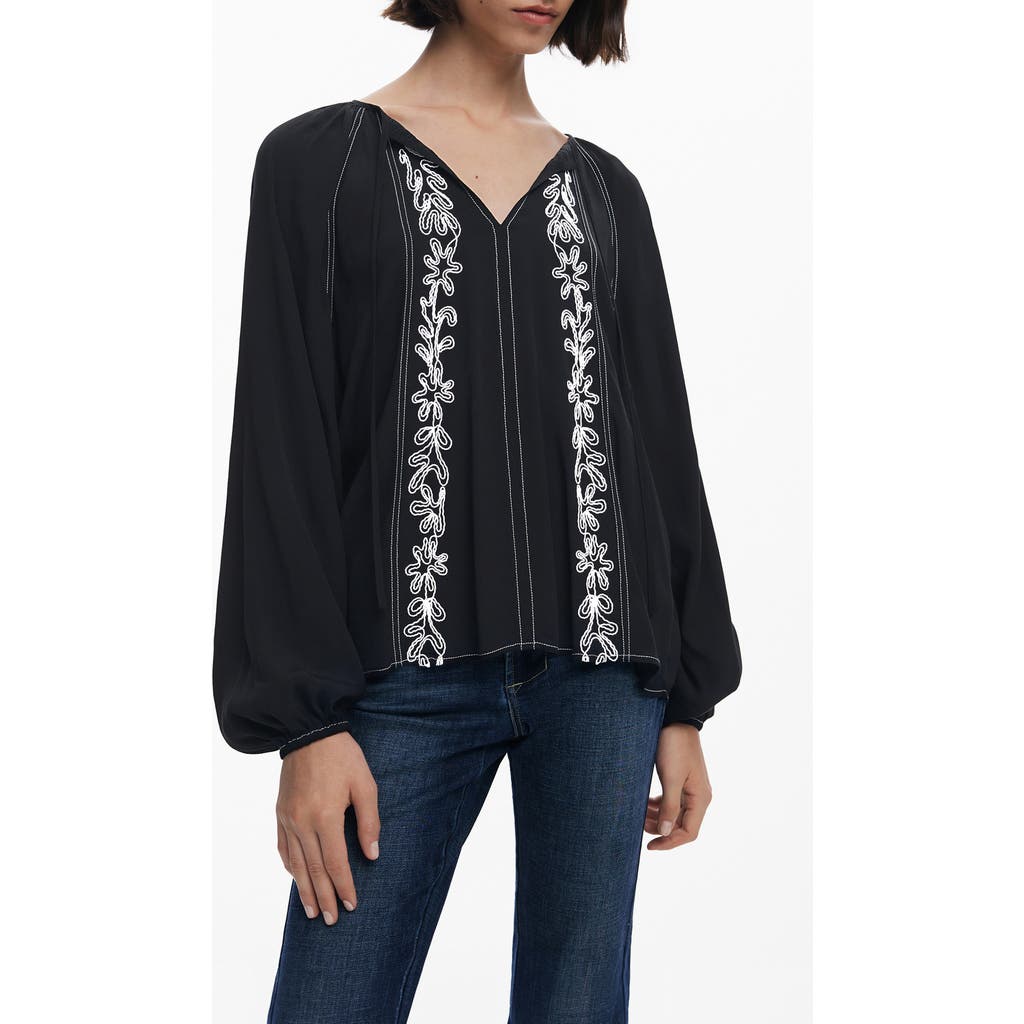 Desigual Embroidered Tie Neck Top In Black