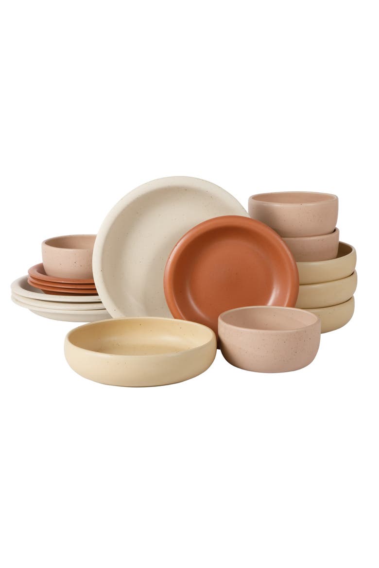 Corsica Clay 16 Piece Double Bowl Stoneware Reactive Glaze Dinnerware Set - Assorted Colors, Main, color, Assorted Colors