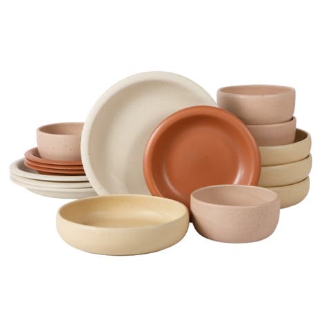 Corsica Clay 16 Piece Double Bowl Stoneware Reactive Glaze Dinnerware Set - Assorted Colors
