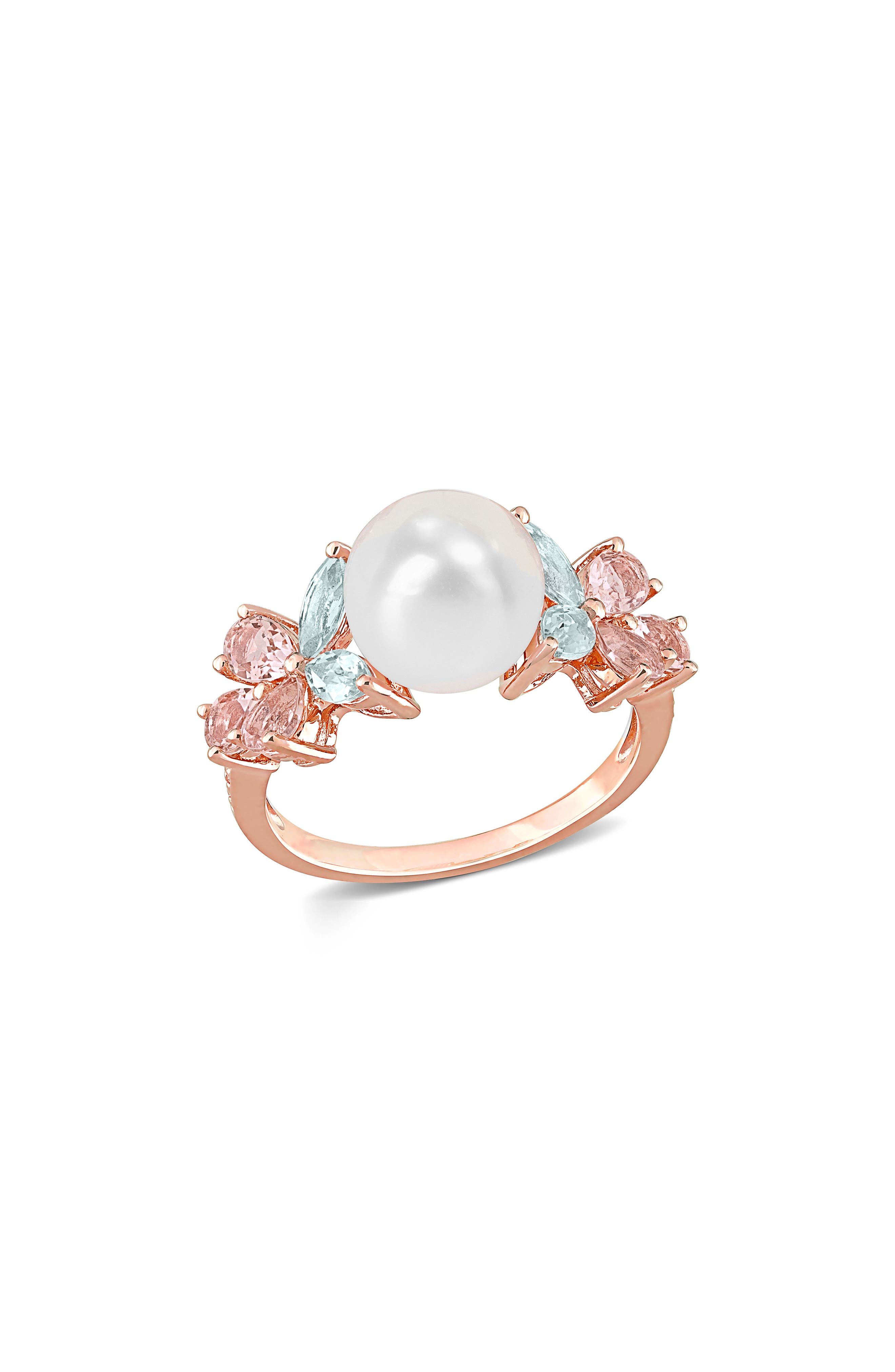 DELMAR Morganite, White Topaz & 8.5-9mm Freshwater Pearl Ring