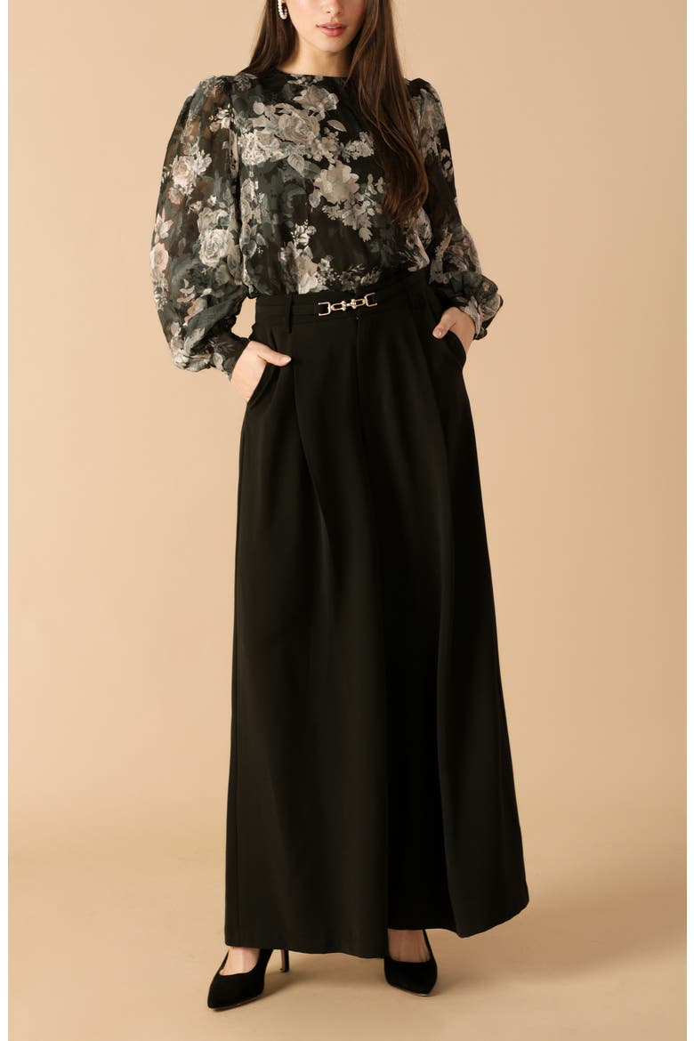 Floral Tie Back Long Sleeve Top, Alternate, color, BLACK