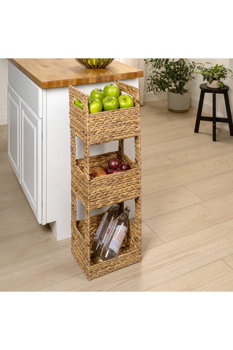 Savannah Coastal Handwoven Water Hyacinth 3-Tier Freestanding Storage Tower with Metal Frame and Handles, Alternate, color, Natural