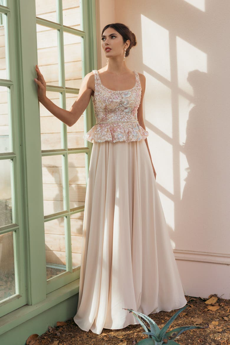 Women's Embroidered Peplum Top With Chiffon Skirt Gown, Alternate, color, Champagne