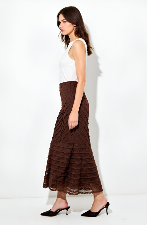 Modenaire Lace Maxi Skirt With Diagonal Panel Detailing And Flared Hem In Brown