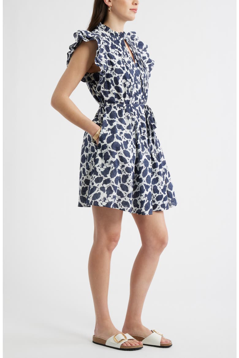 Ruffle Tie Waist Dress, Alternate, color, IVORY- NAVY WINDSOR FLORAL