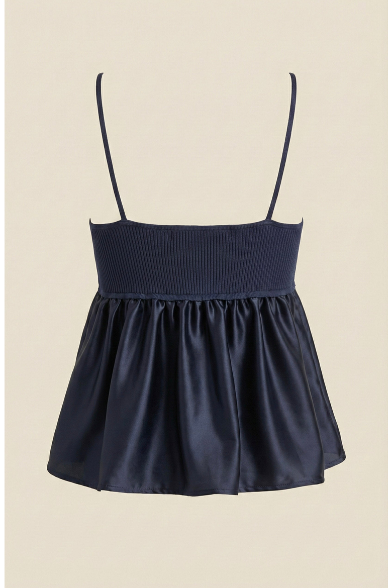 Knit Ribbed Bodice Satin Babydoll Cami Top, Alternate, color, Navy Blue