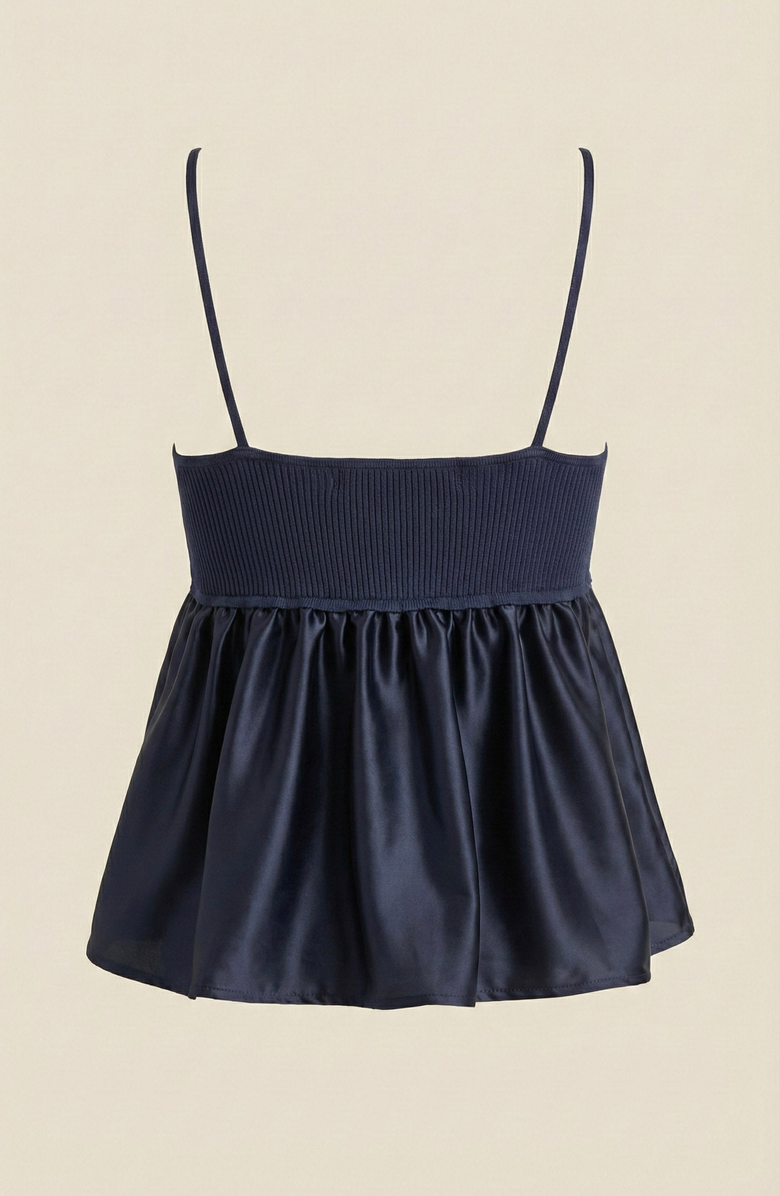Modenaire Knit Ribbed Bodice Satin Babydoll Cami Top, Alternate, color, Navy Blue