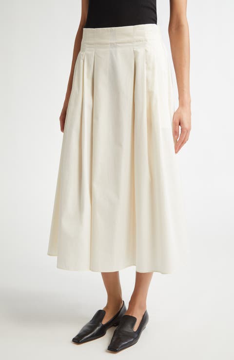 Pleat Front Organic Cotton Sateen Midi Skirt