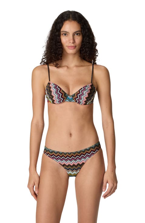Balcony Bikini In Lamé Viscose With Zigzag Pixel-effect Pattern