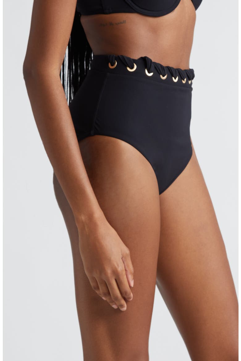 Alight Eyelet High Waist Bikini Bottoms, Alternate, color, NOIR