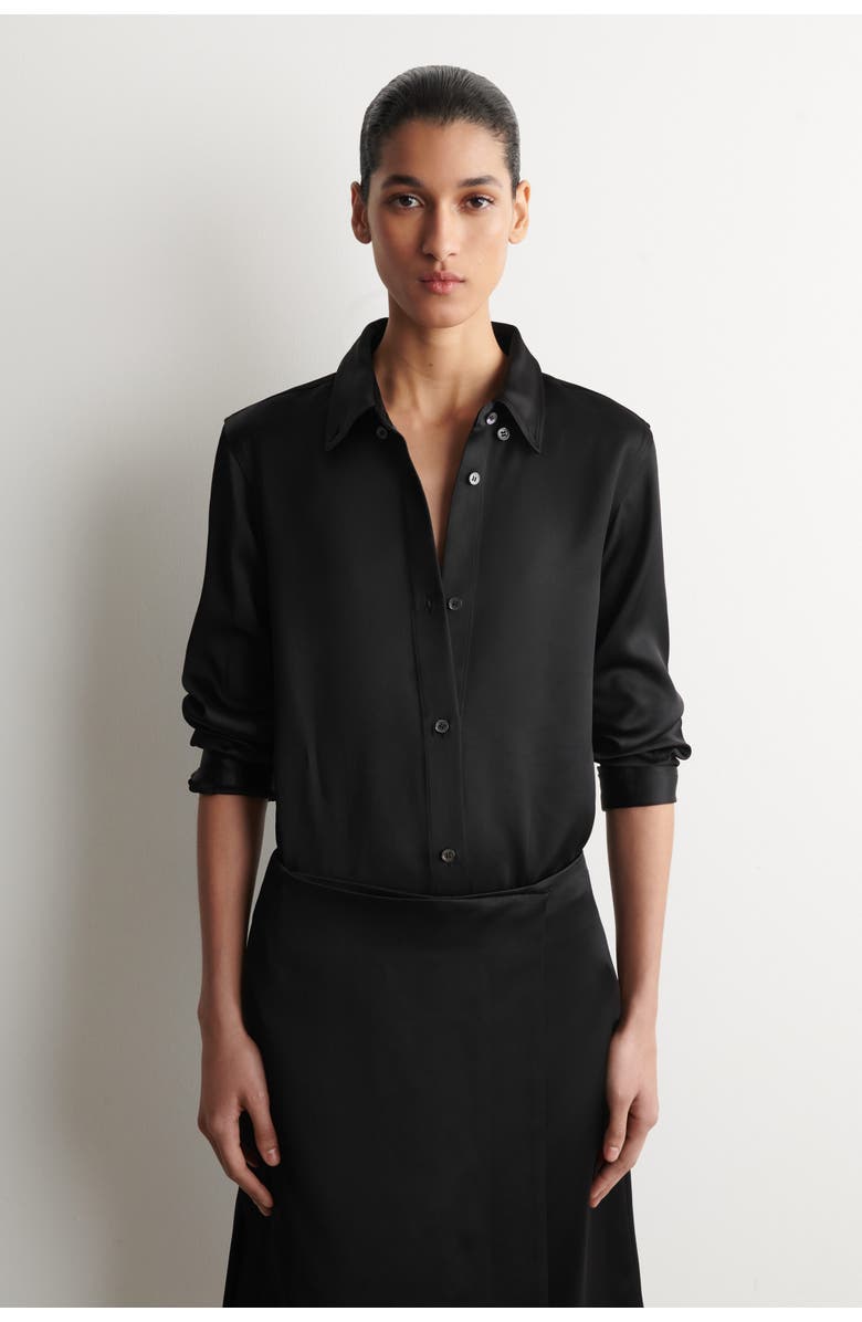 COS Button-down Collar Satin Shirt, Main, color, Black