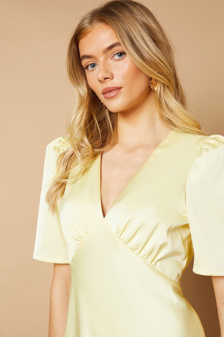 Satin V-Neck Midi Dress, Alternate, color, Butter