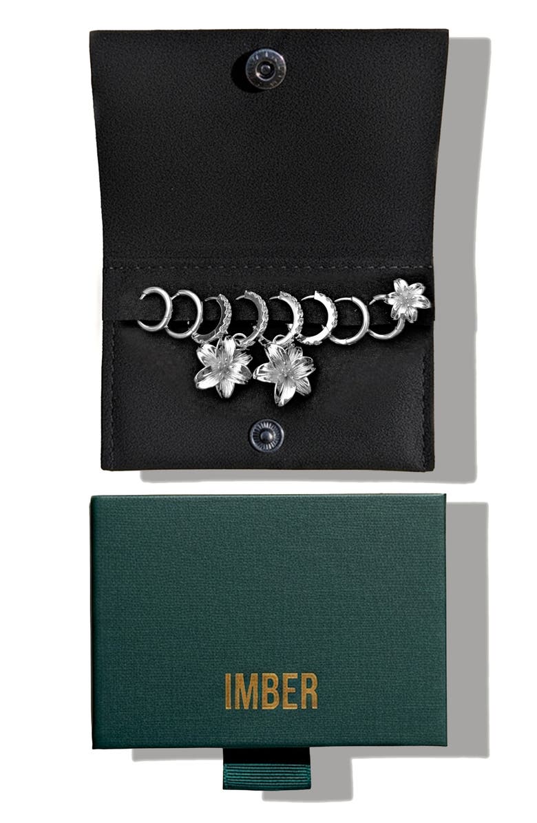 IMBER Set of 9 Lily Hoop, Stud & Drop Earrings, Main, color, Silver