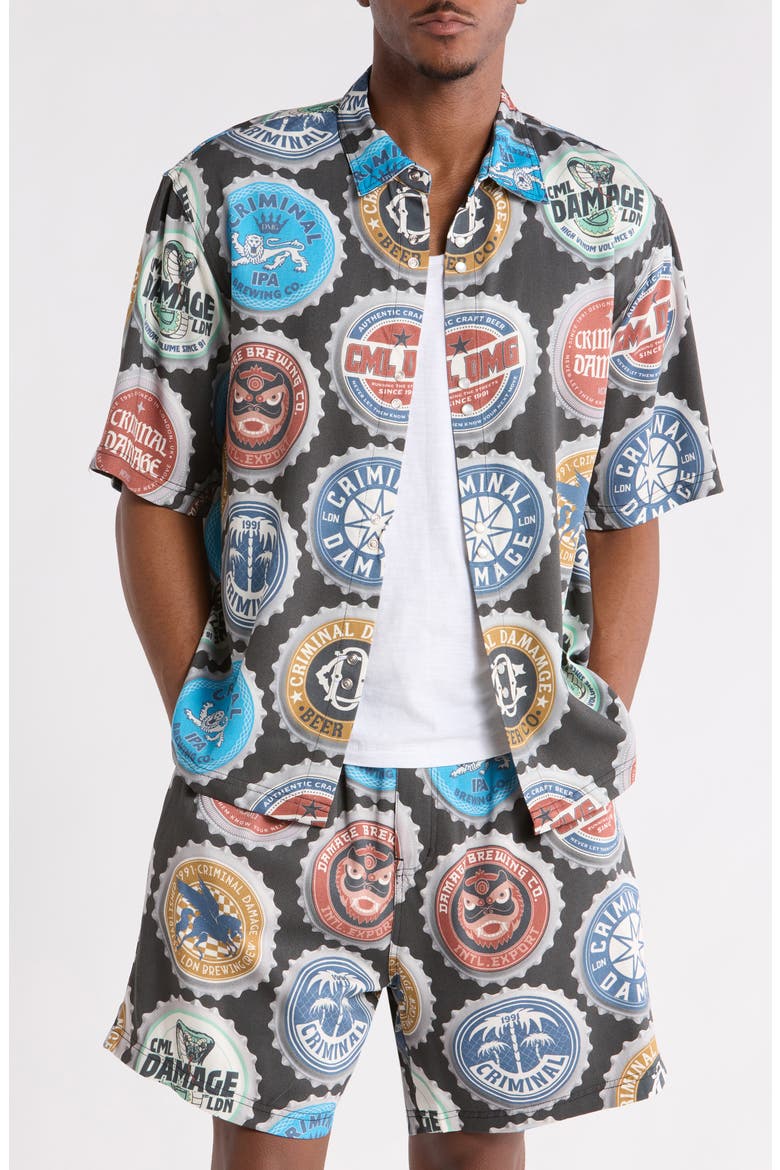 Bottle Cap Button Front Shirt, Main, color, BLACK MULTI