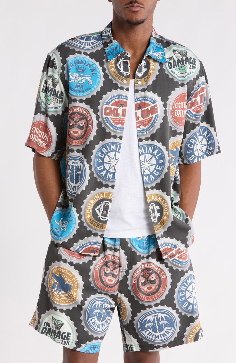 CRIMINAL DAMAGE Bottle Cap Button Front Shirt, Main, color, Black Multi