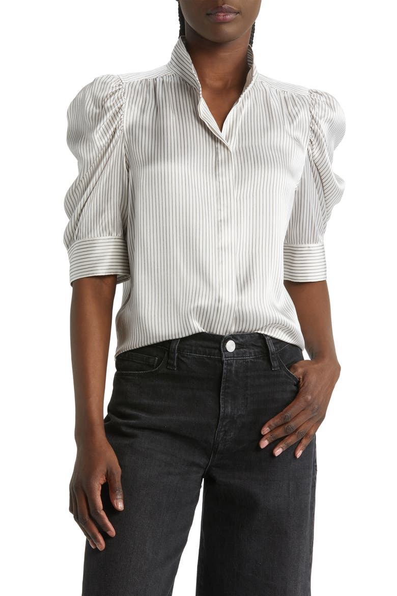 Gillian Puff Sleeve Stripe Silk Blouse, Main, color, BONE MULTI