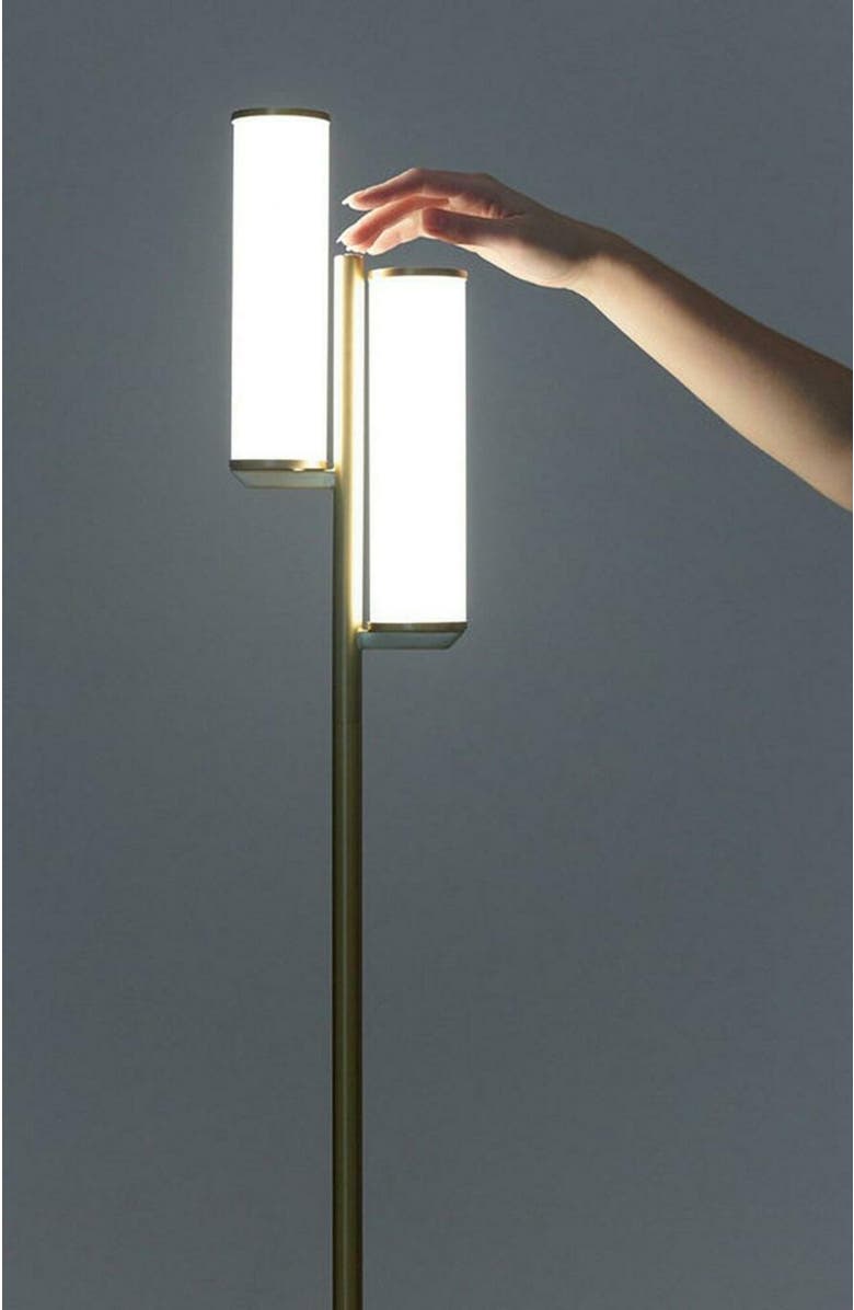 Brightech Gemini 64" Industrial LED Standing Floor Lamp with Glass Cylinder Shades, 3-Way Dimming, Alternate, color, Antique Brass