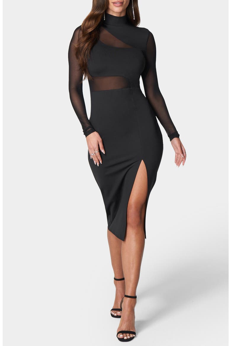 Mesh Inset Long Sleeve Knit Dress, Main, color, BLACK