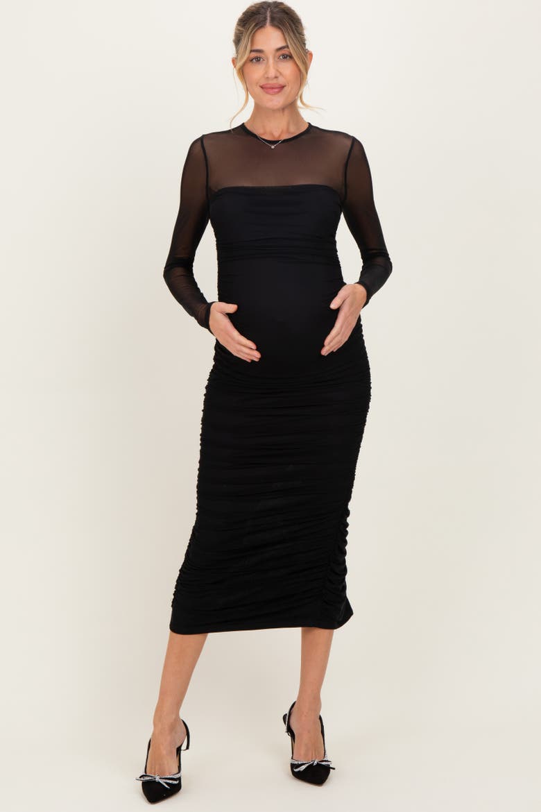Mesh Ruched Long Sleeve Midi Dress, Alternate, color, Black