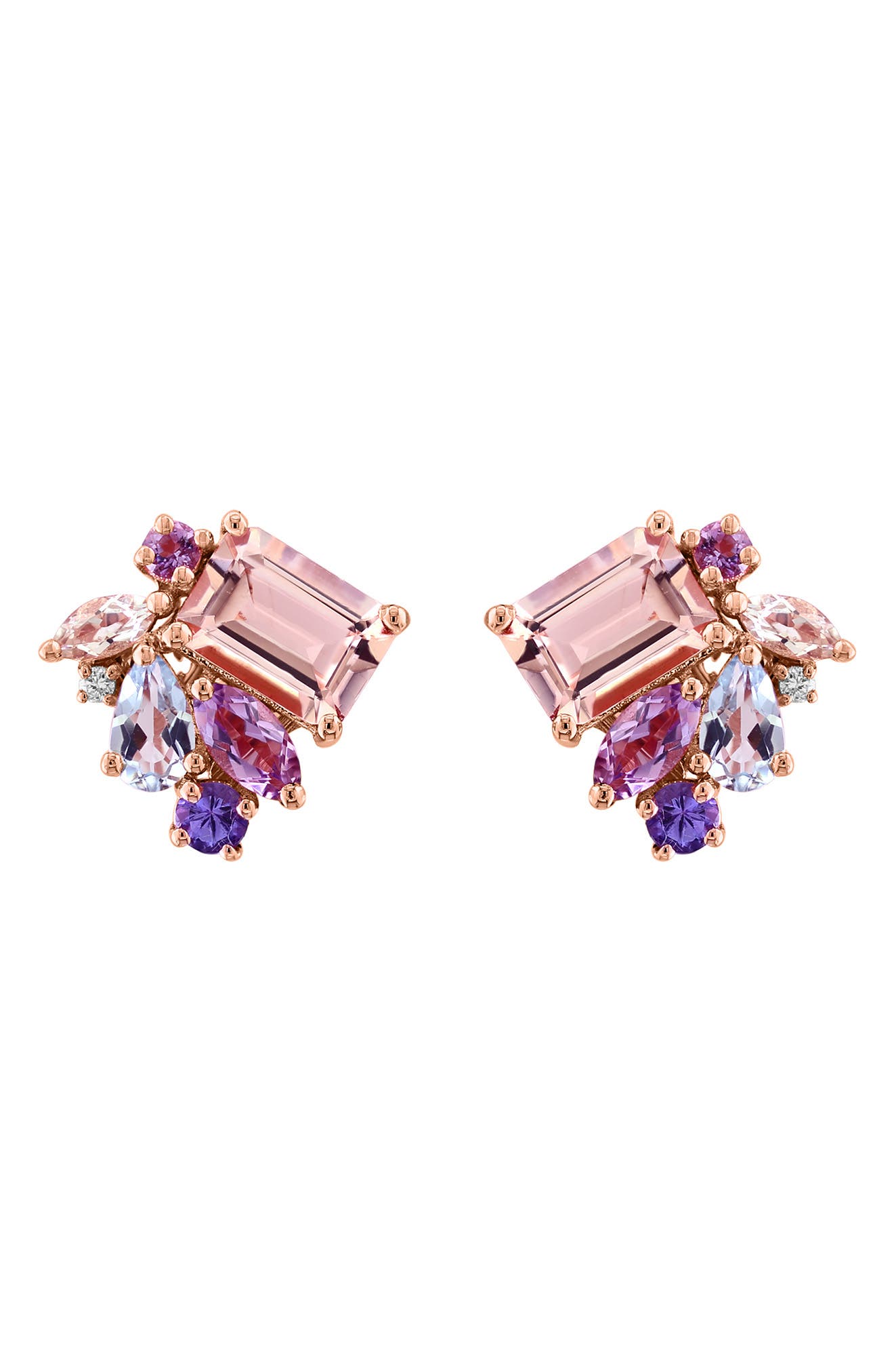 14K Rose Gold Multi Amethyst Aquamarine Morganite Tanzanite & Diamond Stud Earrings