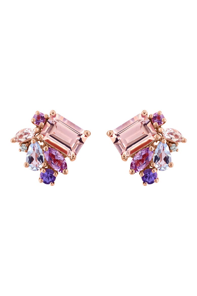 14K Rose Gold Multi Amethyst Aquamarine Morganite Tanzanite & Diamond Stud Earrings, Main, color, MULTI