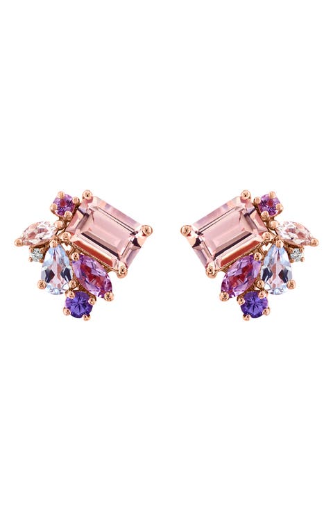 14K Rose Gold Multi Amethyst Aquamarine Morganite Tanzanite & Diamond Stud Earrings