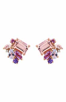 14K Rose Gold Multi Amethyst Aquamarine Morganite Tanzanite & Diamond Stud Earrings