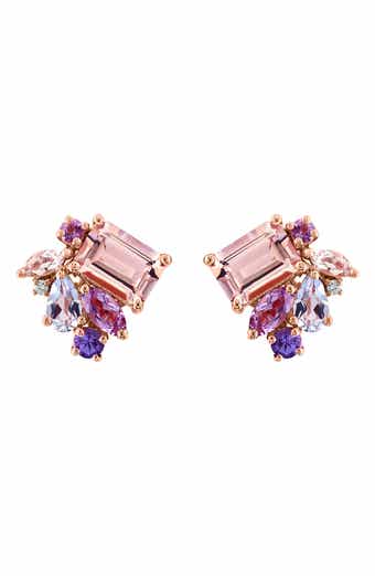 14K Rose Gold Multi Amethyst Aquamarine Morganite Tanzanite & Diamond Stud Earrings
