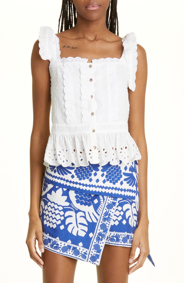 FARM Rio Eyelet Tie Shoulder Cotton Top, Main, color, 