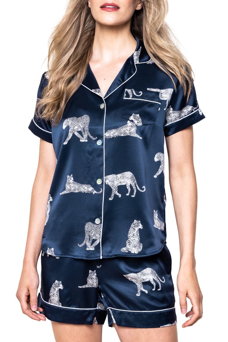 Panthre de Nuit Piped Mulberry Silk Short Pajamas, Main, color, NAVY
