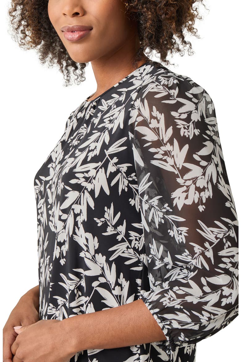 Shirred Neck Three-Quarter Sleeve Stretch Top, Alternate, color, BLACK/ VANILLA ICE
