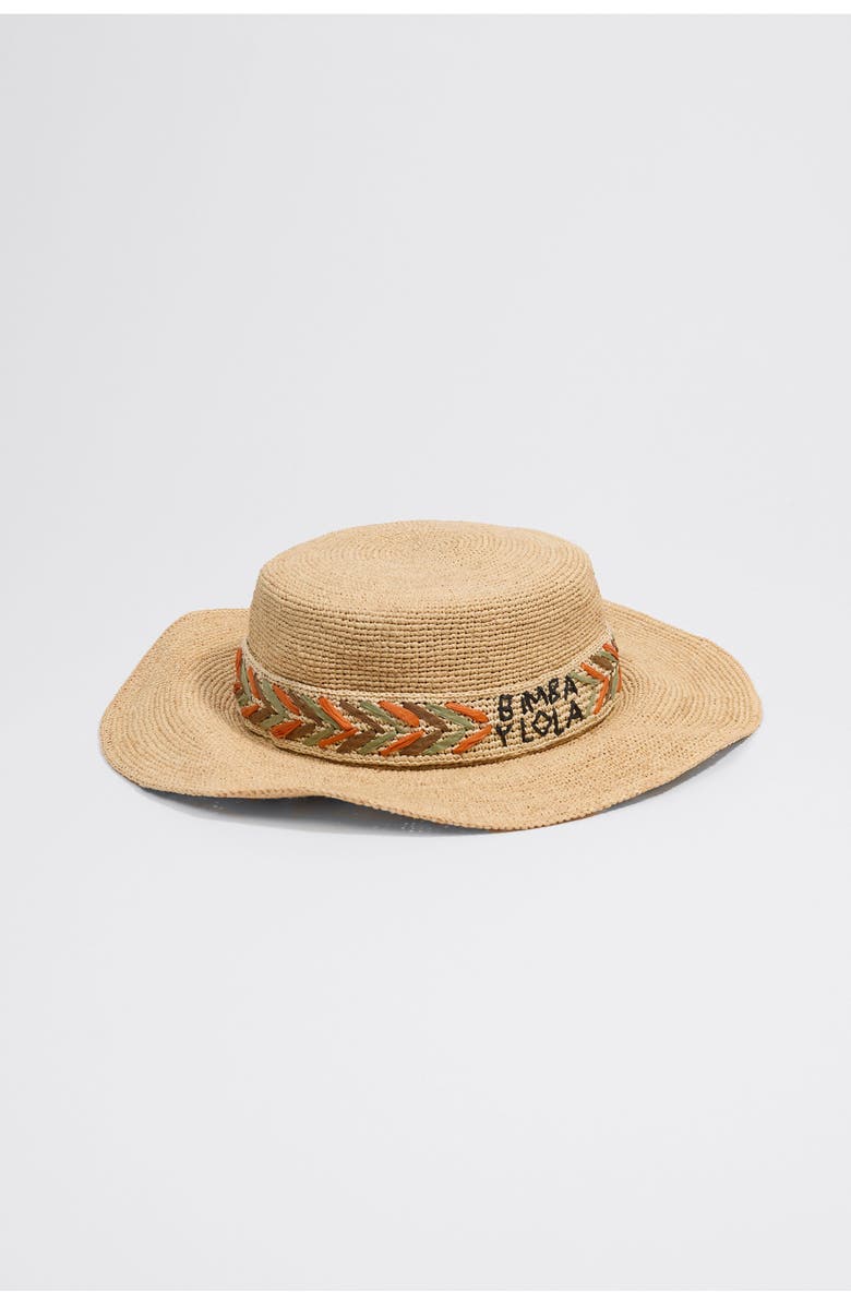 Bimba y Lola Raffia Boater With Embroidered Band, Main, color, Brown
