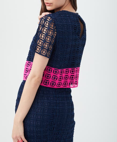 Trina Turk Serilda 2 Cropped Colorblock Lace Top In Indigo/petal Pink