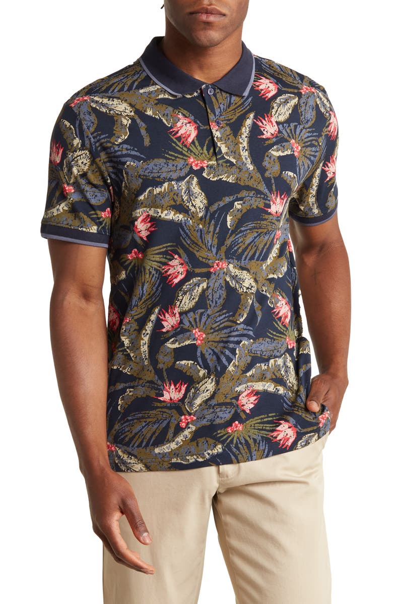 SOUL OF LONDON Tropical Print Knit Polo, Main, color, Navy