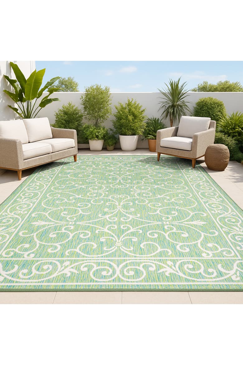 Charleston Vintage Filigree Textured Weave Indoor/Outdoor Area Rug, Alternate, color, Green/Ivory