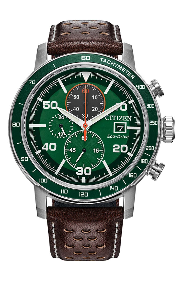 Citizen Brycen Leather Strap Chronograph Watch, 44mm, Main, color, Green/Black