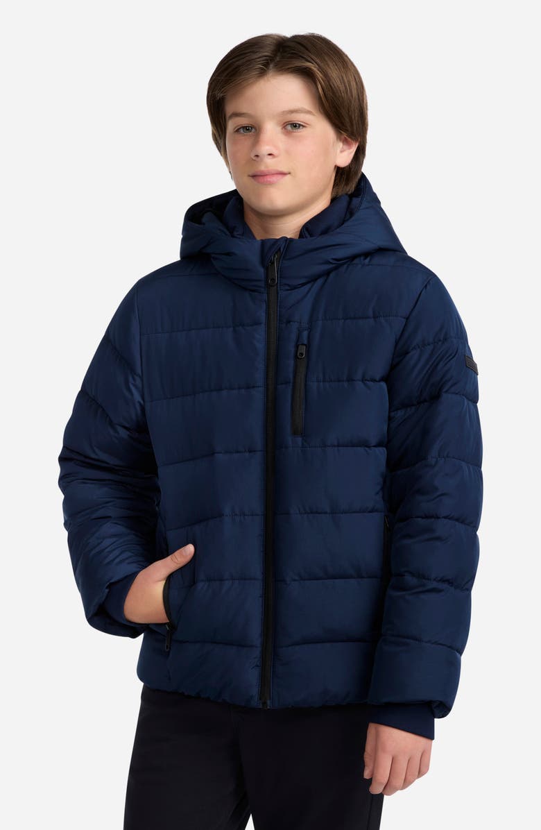 abercrombie kids Kids' Midweight Hooded Puffer Jacket, Alternate, color, Navy Blazer